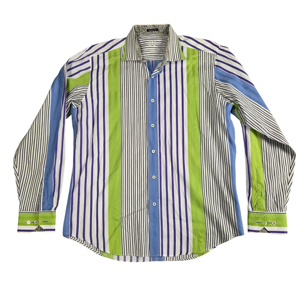 Bugatchi Uomo Button Down Men Large Multi Color Excellent Striped Floral Trim